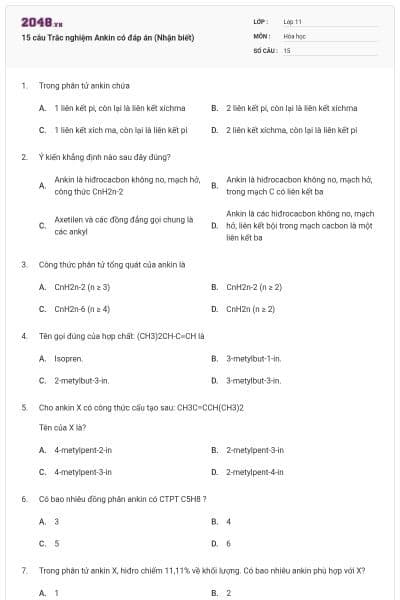 15 câu Trắc nghiệm Ankin có đáp án (Nhận biết)