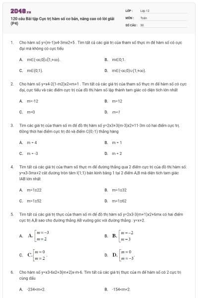 120 câu Bài tập Cực trị hàm số cơ bản, nâng cao có lời giải (P4)