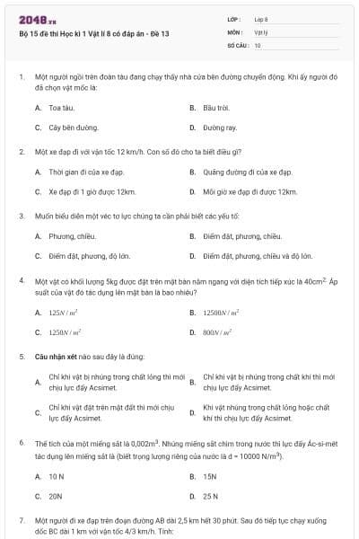 Bộ 15 đề thi Học kì 1 Vật lí 8 có đáp án - Đề 13