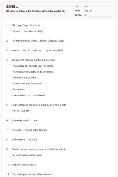 Đề kiểm tra Tiếng anh 6 Cuối học kì 2 có đáp án (Đề 27)