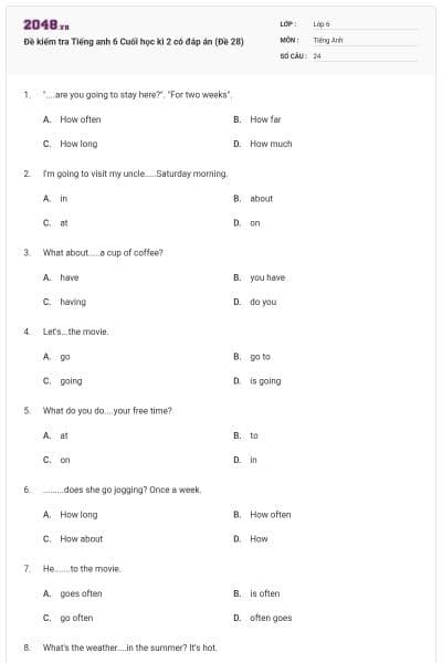 Đề kiểm tra Tiếng anh 6 Cuối học kì 2 có đáp án (Đề 28)