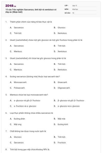 15 câu Trắc nghiệm Saccarozơ, tinh bột và xenlulozơ có đáp án (Nhận biết)