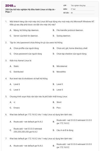 350 Câu hỏi trắc nghiệm Hệ điều hành Linux có đáp án - Phần 7