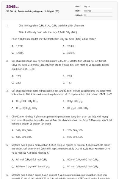 98 Bài tập Anken cơ bản, nâng cao có lời giải (P3)