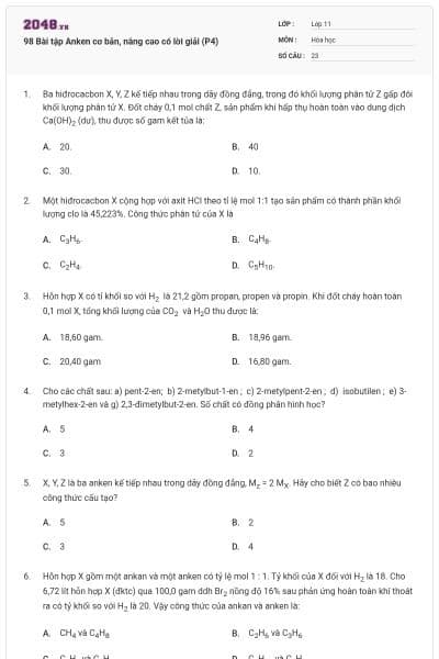 98 Bài tập Anken cơ bản, nâng cao có lời giải (P4)