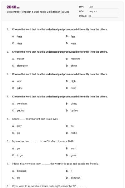 Đề kiểm tra Tiếng anh 6 Cuối học kì 2 có đáp án (Đề 31)