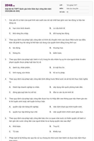 Giải Đề thi THPT Quốc gia môn Giáo dục công dân năm 2022(Mã đề 304)