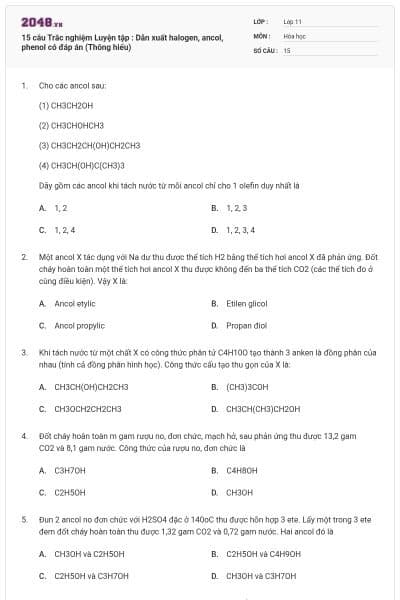 15 câu Trắc nghiệm Luyện tập : Dẫn xuất halogen, ancol, phenol có đáp án (Thông hiểu)