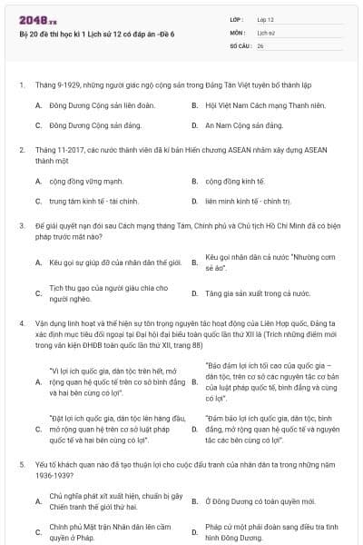 Bộ 20 đề thi học kì 1 Lịch sử 12 có đáp án -Đề 6