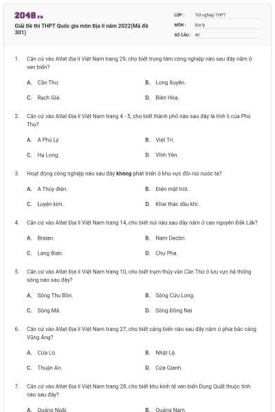 Giải Đề thi THPT Quốc gia môn Địa lí năm 2022(Mã đề 301)