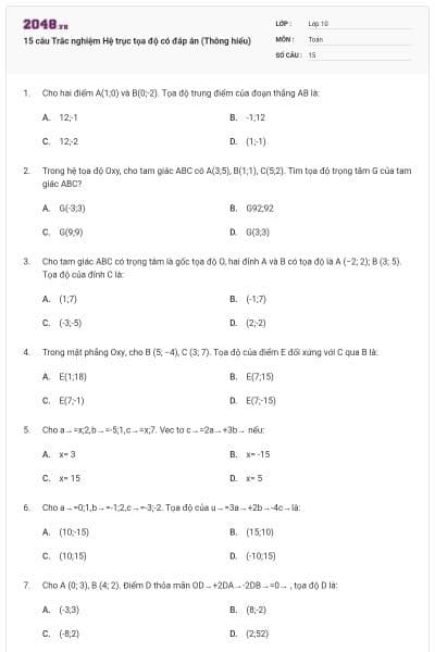 15 câu Trắc nghiệm Hệ trục tọa độ có đáp án (Thông hiểu)