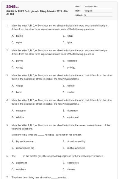 Giải Đề thi THPT Quốc gia môn Tiếng Anh năm 2022 - Mã đề 404