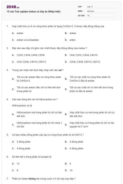 15 câu Trắc nghiệm Ankan có đáp án (Nhận biết)