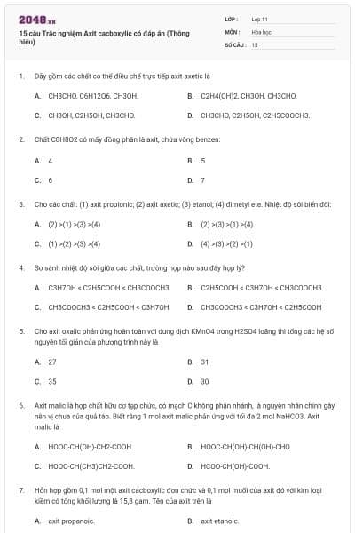 15 câu Trắc nghiệm Axit cacboxylic có đáp án (Thông hiểu)