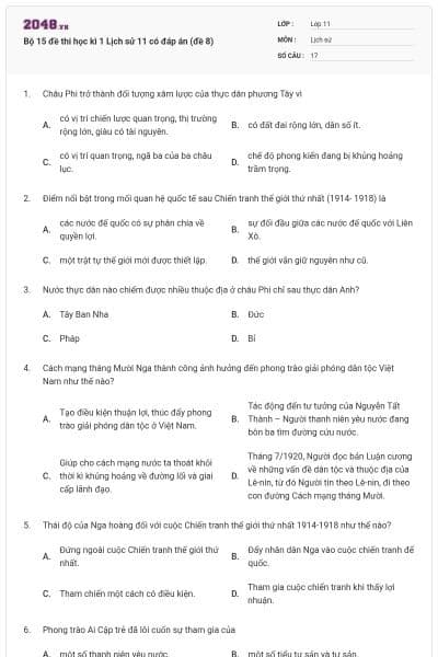 Bộ 15 đề thi học kì 1 Lịch sử 11 có đáp án (đề 8)