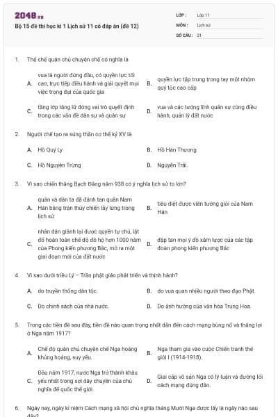 Bộ 15 đề thi học kì 1 Lịch sử 11 có đáp án (đề 12)