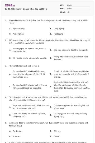 Bộ 15 đề thi học kì 1 Lịch sử 11 có đáp án (đề 15)