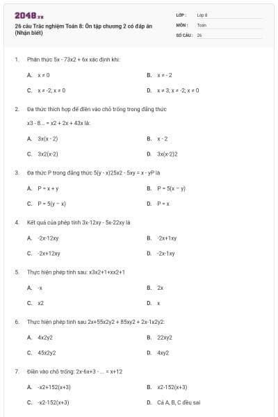 26 câu Trắc nghiệm Toán 8: Ôn tập chương 2 có đáp án (Nhận biết)