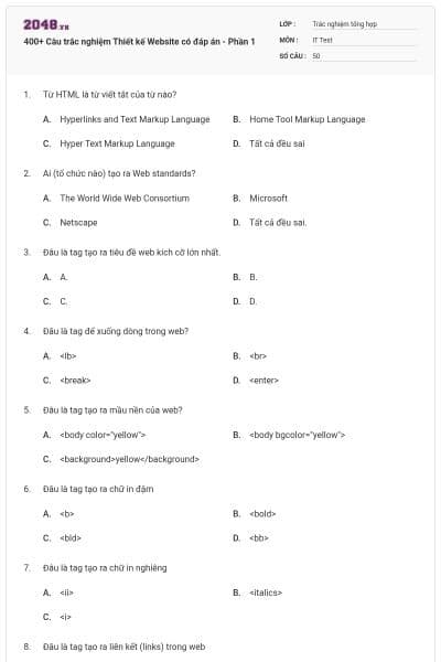 400+ Câu trắc nghiệm Thiết kế Website có đáp án - Phần 1