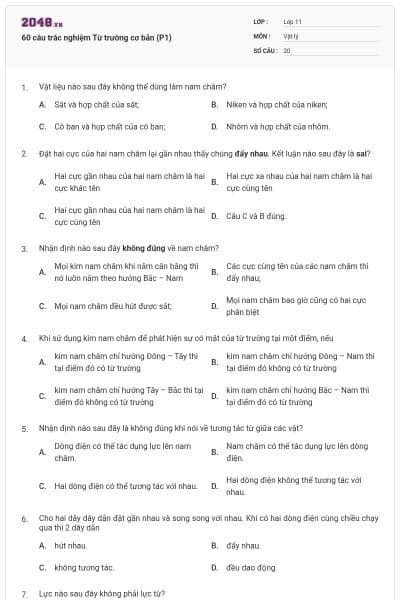 60 câu trắc nghiệm Từ trường cơ bản (P1)