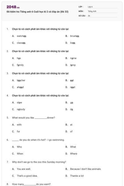 Đề kiểm tra Tiếng anh 6 Cuối học kì 2 có đáp án (Đề 33)