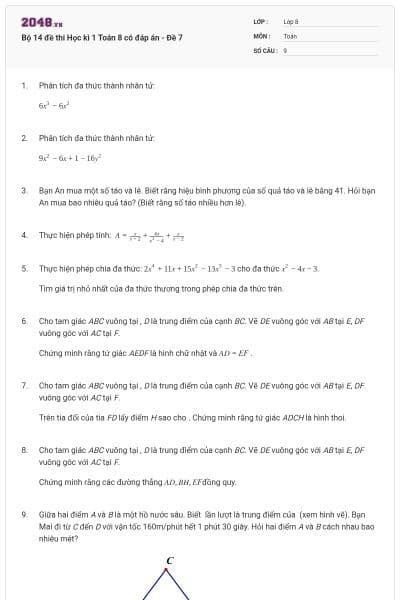 Bộ 14 đề thi Học kì 1 Toán 8 có đáp án - Đề 7