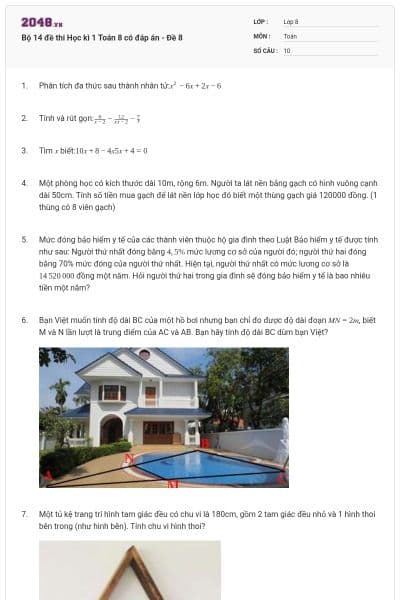 Bộ 14 đề thi Học kì 1 Toán 8 có đáp án - Đề 8