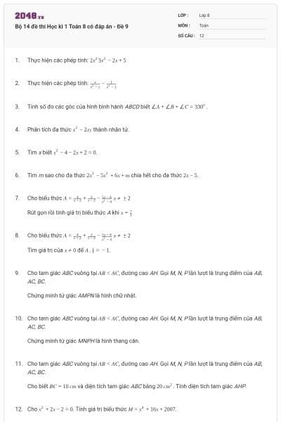 Bộ 14 đề thi Học kì 1 Toán 8 có đáp án - Đề 9