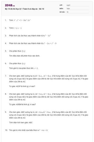 Bộ 14 đề thi Học kì 1 Toán 8 có đáp án - Đề 10