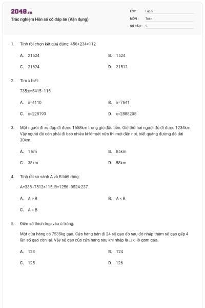 Trắc nghiệm Hỗn số có đáp án (Vận dụng)