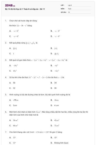 Bộ 14 đề thi Học kì 1 Toán 8 có đáp án - Đề 11