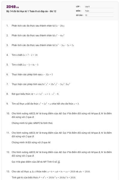 Bộ 14 đề thi Học kì 1 Toán 8 có đáp án - Đề 12