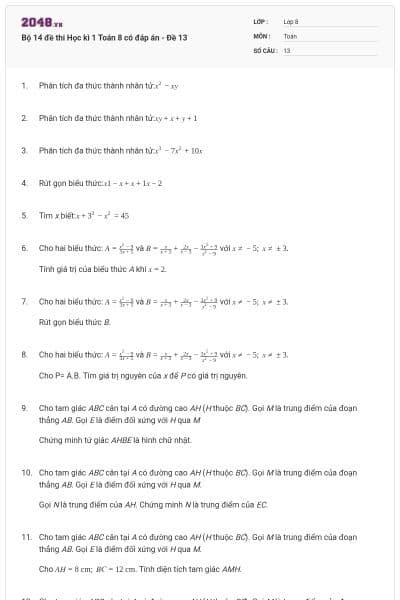 Bộ 14 đề thi Học kì 1 Toán 8 có đáp án - Đề 13