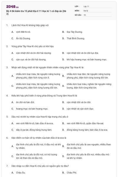 Bộ 4 Đề kiểm tra 15 phút Địa lí 11 Học kì 1 có đáp án (Đề 3)