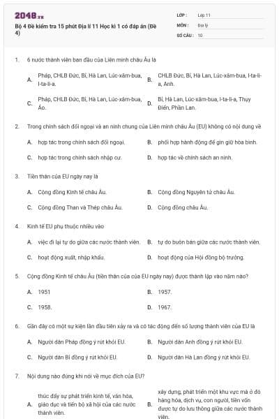 Bộ 4 Đề kiểm tra 15 phút Địa lí 11 Học kì 1 có đáp án (Đề 4)