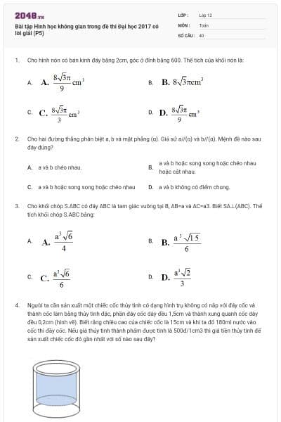 Bài tập Hình học không gian trong đề thi Đại học 2017 có lời giải (P5)