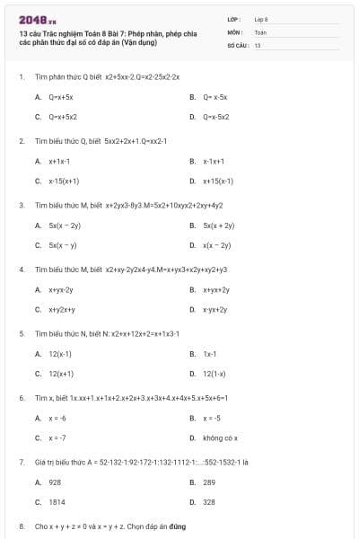 13 câu Trắc nghiệm Toán 8 Bài 7: Phép nhân, phép chia các phân thức đại số có đáp án (Vận dụng)