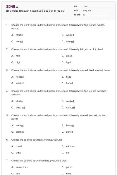Đề kiểm tra Tiếng anh 6 Cuối học kì 2 có đáp án (Đề 35)