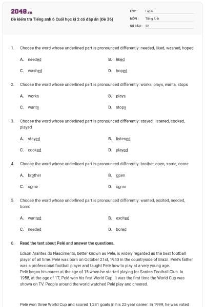 Đề kiểm tra Tiếng anh 6 Cuối học kì 2 có đáp án (Đề 36)
