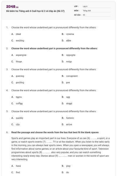Đề kiểm tra Tiếng anh 6 Cuối học kì 2 có đáp án (Đề 37)