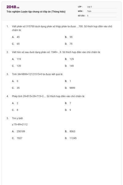 Trắc nghiệm Luyện tập chung có đáp án (Thông hiểu)