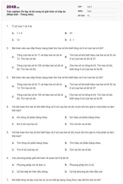 Trắc nghiệm Ôn tập và bổ sung về giải toán có đáp án (Nhận biết - Thông hiểu)