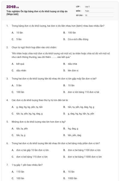 Trắc nghiệm Ôn tập bảng đơn vị đo khối lượng có đáp án (Nhận biết)