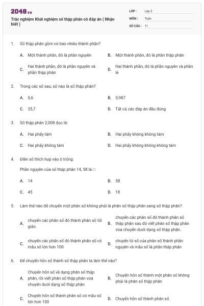 Trắc nghiệm Khái nghiệm số thập phân có đáp án ( Nhận biết )