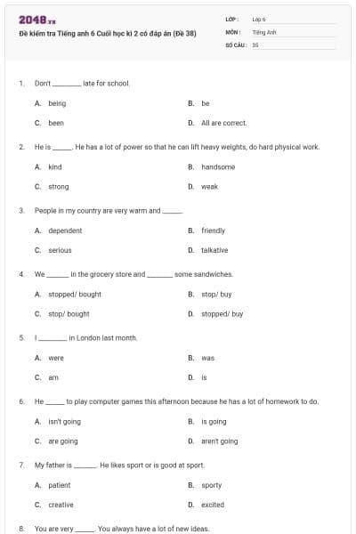 Đề kiểm tra Tiếng anh 6 Cuối học kì 2 có đáp án (Đề 38)