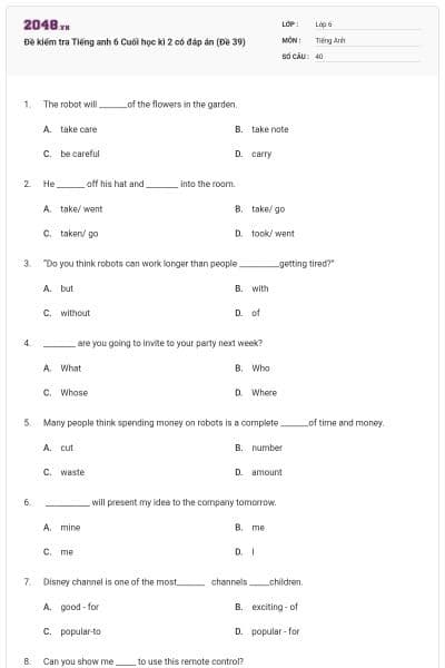 Đề kiểm tra Tiếng anh 6 Cuối học kì 2 có đáp án (Đề 39)