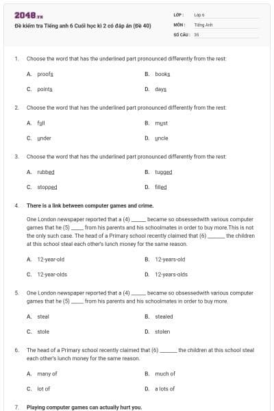 Đề kiểm tra Tiếng anh 6 Cuối học kì 2 có đáp án (Đề 40)