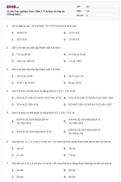 15 câu Trắc nghiệm Toán 7 Bài 7: Tỉ lệ thức có đáp án (Thông hiểu)