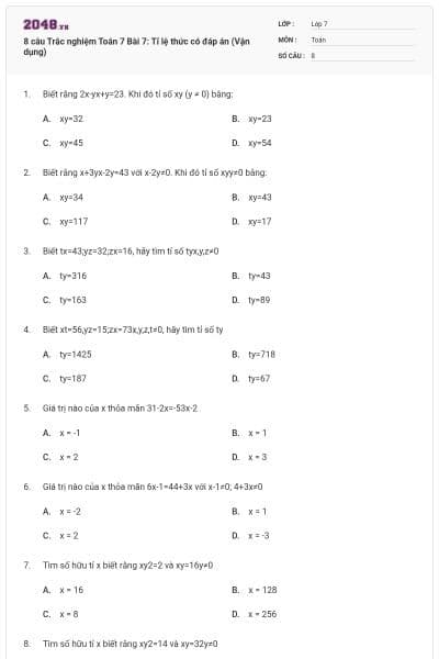 8 câu Trắc nghiệm Toán 7 Bài 7: Tỉ lệ thức có đáp án (Vận dụng)