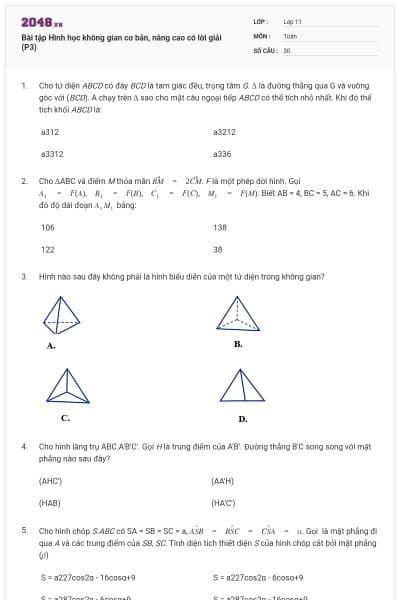 Bài tập Hình học không gian cơ bản, nâng cao có lời giải (P3)